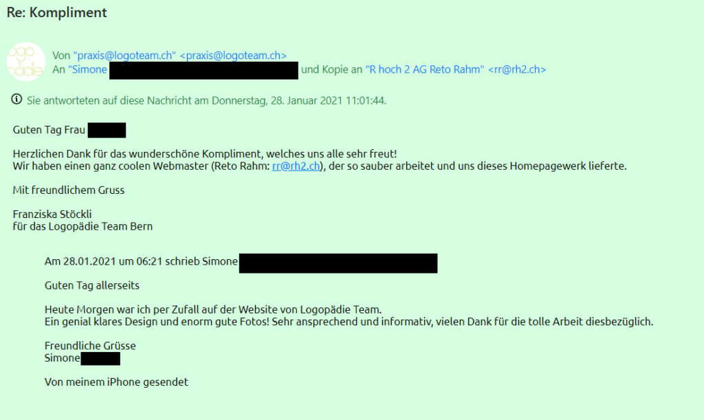 Kompliment für die neue Webseite von Simone - Screenshot aus dem E-Mail-Verkehr