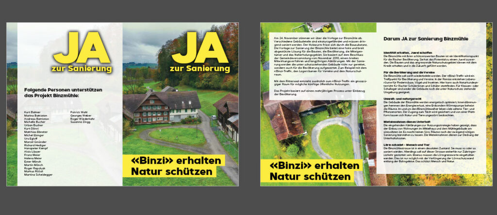 Flyer für die Kampagne Ja zur Sanierung Binzmühle in der Gemeinde Risch-Rotkreuz