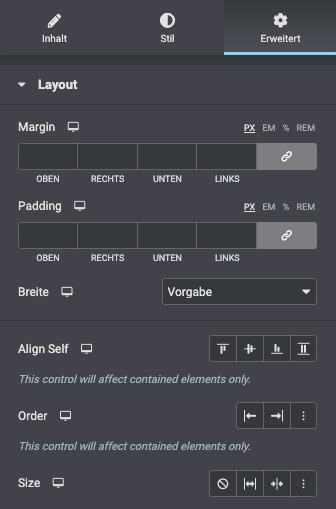Elementor Container Widgeteinstellungen